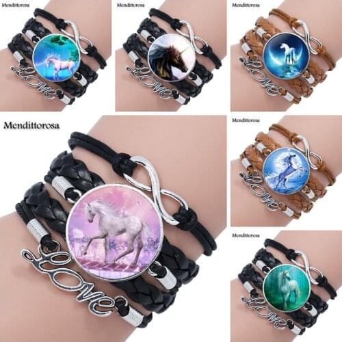 Mendittorosa Glass Cabochon Multilayer Black/Brown Leather Bracelet Bangle For Women Jewellery Unicorn Pegasus Fly Horse