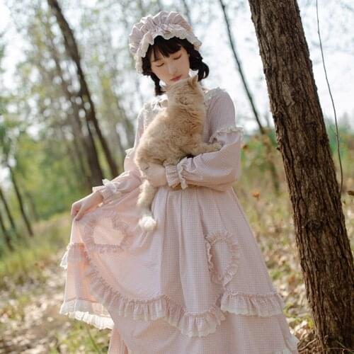 Fresh sweet lolita op kawaii girl peter pan collar pink grid victorian op loose gothic lolita shirt loli cos lolita cute girl