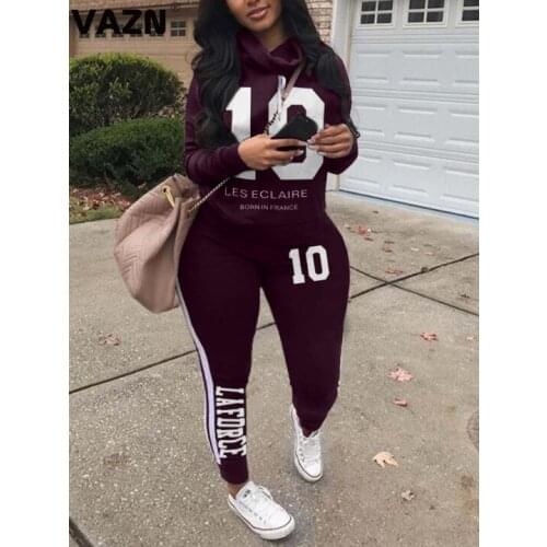 VAZN 2020 Top Quality Plus Size Simple Young Nature Free Casual Style Full Sleeve Top Long Pants Slim Women 2 Piece Set