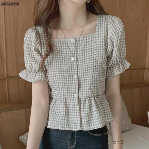 Vintage Retro Plaid single-breasted Shirt Female Tops Puff Sleeve Summer Women Blouses Femme Blusas Korean Chic Fashion