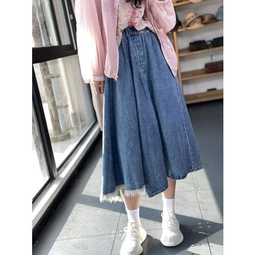 Women Denim Skirts Summer 21 Mori Girl Style Solid Color Loose Washed Asymmetric Sanding Female Mid-Claf Length Umbrella Skirt