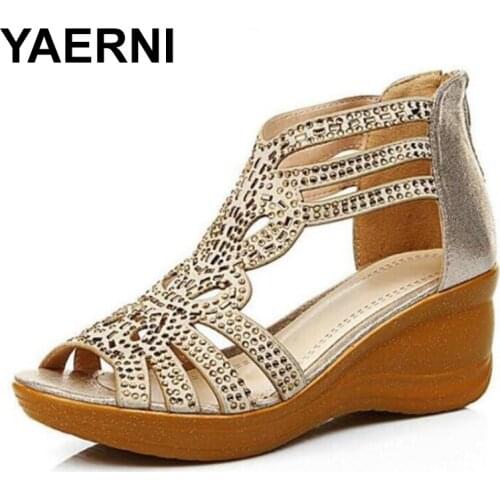 YAERNI Cow Crust Leather Summer Sandals For Women 6cm Wedge Heel Zipper T Strap Bling Platform Shoes Size 35-41
