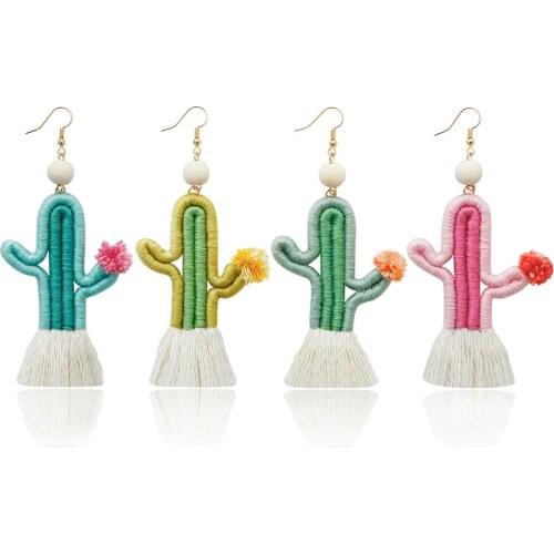 Creativity Cotton Thread Wrapped Cactus Earrings for Women 2021 Summer Mini Wooden Bead Weave Tassel Earrings Jewelry Wholesale