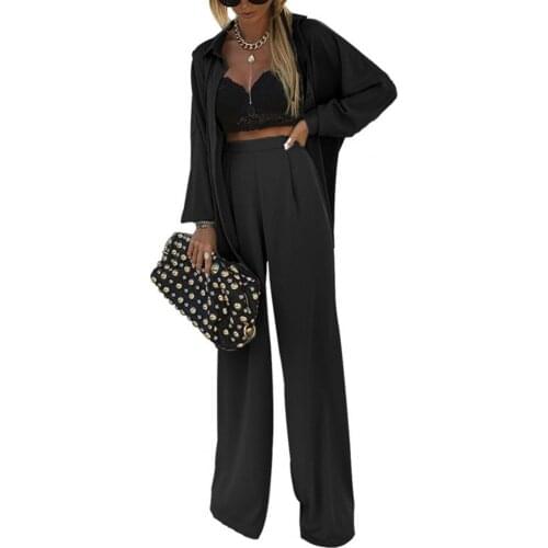 New Summer 2 Two Piece Set Womens Pantsuit High Waist Wide Leg Pants Blouses Suits Green Woman Trousers Shirts Sets Outfits