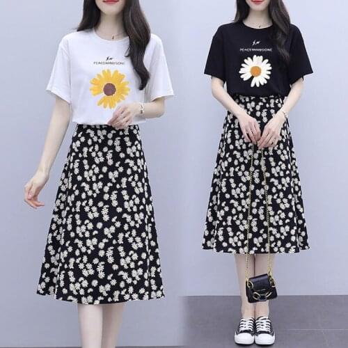 Womens Modern Style Skirt Two-Piece Suit Summer Outfits Cotton O-Neck Top Tee New Short Sleeve T-Shirt Grils Daisy Print Skirts