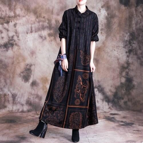 Retro Chinese Style Clothing Women Dress 2020 Autumn Winter Long Robe Vintage Femme Vestidos Loose Ethinc Maxi Dresses 11775