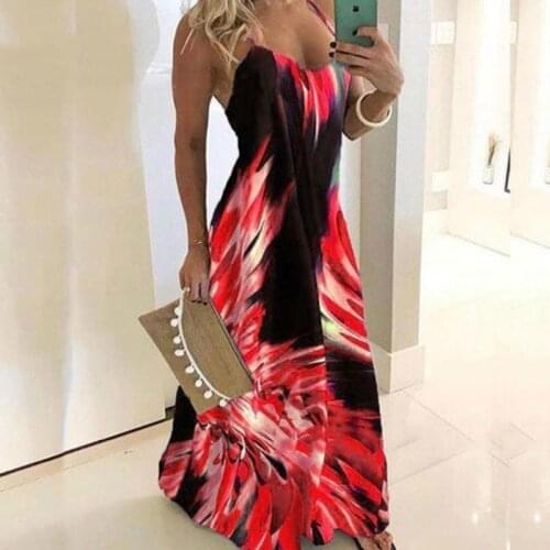 Women Summer Big Swing Beach Dresses Vintage Leaf Print Dress Sexy Spaghetti Strap O Neck Long Dress Party Tunic Plus Size 5XL