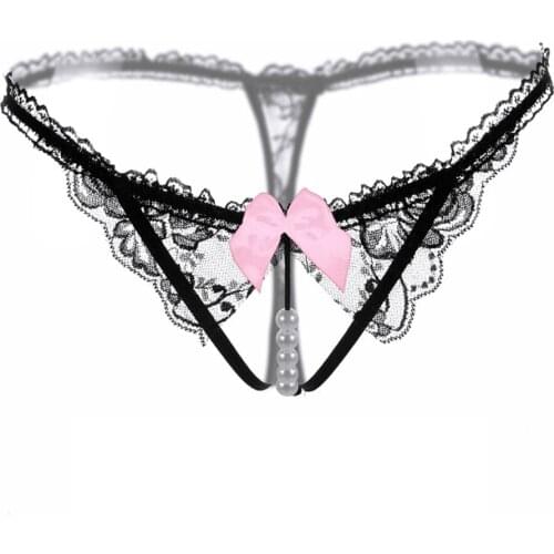 Women Sexy Lingerie Erotic panties Open crotch flirty floral lace underwear couple sex wear g-string with cute bow and pearl