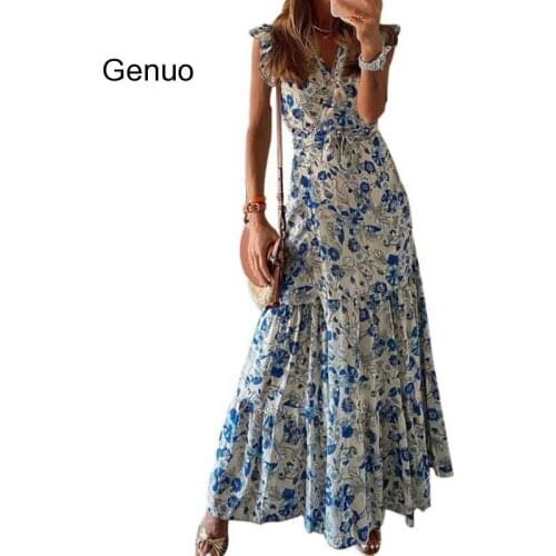 Vintage Bohemian Casual Womans Dresses 2020 V-Neck Short Sleeve Sundress High Waist Mid-Calf Floral Dress Female Robe Vestidos
