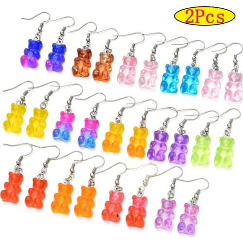 1 Pair Cartoon Cute Animal Bears Earrings Colorful Crystal Gummy Bear Hook Drop Earring Candy Color Christmas Jewelry Gifts