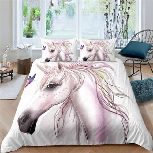 Luxury 3D White Horse Print 2/3Pcs Kids Bedding Set Comfortable Duvet Cover Pillowcase Home Textile Single Queen and King Size