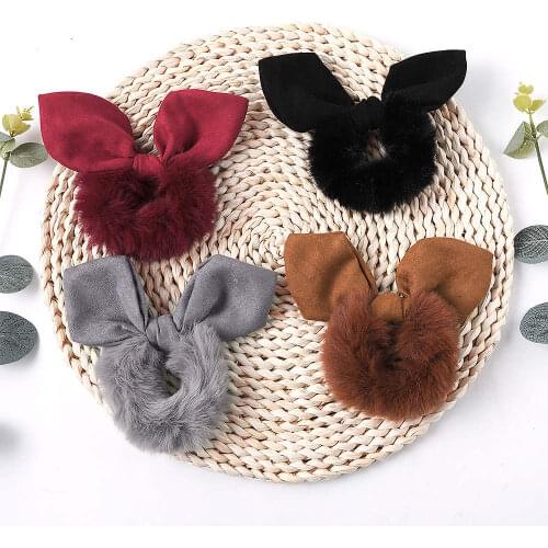 2PCS Bunny Ears Scrunchies Set Faux Rabbit Hair Women Elastic Hair Bands Girls Headwear Rubber Hair Ties Fluffy Ponytail Holder