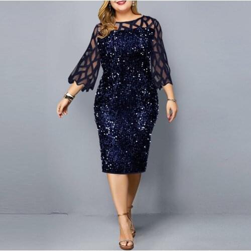 2021 Party Dress Casual Elegant Women O Neck 3/4 Sleeve Sheer Patchwork Shiny Sequins Bodycon Plus Size Knee-length Dress shein