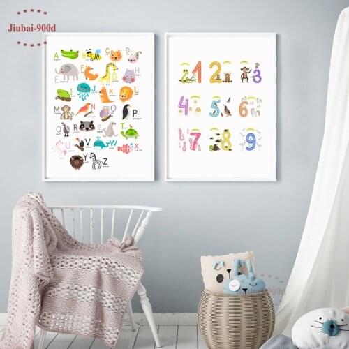 Nursery Aphabet Numbers Wall Art Decorative Cartoon Animal Pictures Canvas Painting Baby Room Wall Decoration Posters NUR33