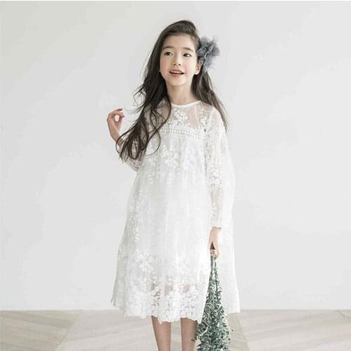 Kids Girls Long Sleeve Dresses for Autumn 2019 Little Girls White Lace Dresses Long Toddler Girls Dress for Party and Wedding