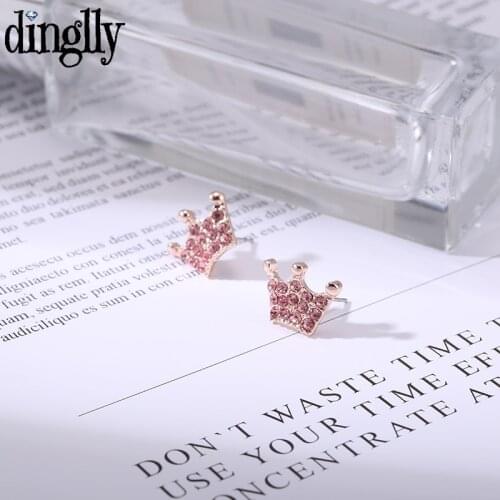 Dinglly Rose Gold Shiny Crown Earrings For Ladies Women Fine Stud Earrings Jewellery Girls Birthday Gift Anti Allergy