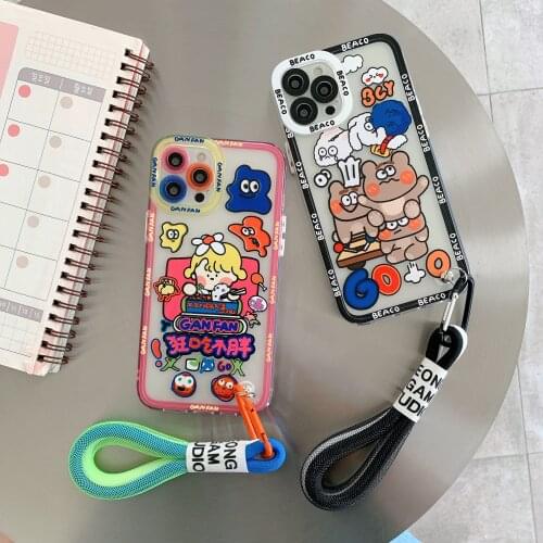 Graffiti Cartoon Fluorescence Wrist Strap Phone Case for iphone 12 11 Pro Max XR XSMAX 7 8 Plus SE 2020 Hanging Chain Cover