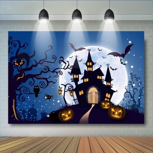 Halloween Party Photography Backdrops Death Castle Old Trees Background Horrying Big Moon Bats Cats Backdrop