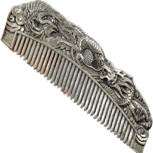 Collectible Handwork Old Miao Silver Carving Dragon Phoenix Wonderful Comb