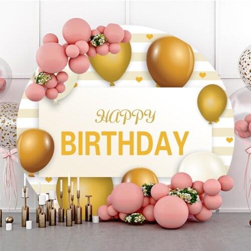 Laeacco Stripes Gold Balloon Happy Birthday Decor Backdrops For Photography Customized Round Posters Backgrounds Photo Studio