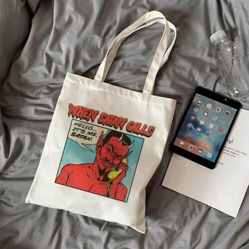 Summer Devil Satan New Casual Women Canvas Fun Punk Harajuku Large-capacity Fashion Cartoon Letter Goth ins Vintage Canvas Bags