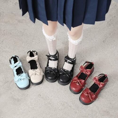 Lolita JK Platform Shoes Japanese College Students Girls Round Toe Buckle Straps Bow Shoes PU Leather Gothic Anime Cosplay