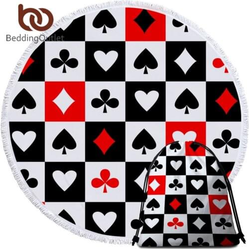 BeddingOutlet Poker Beach Towel With Bag Modern Round Summer Blanket Black Red White Toalla Games Playing Cards Round Bath Towel