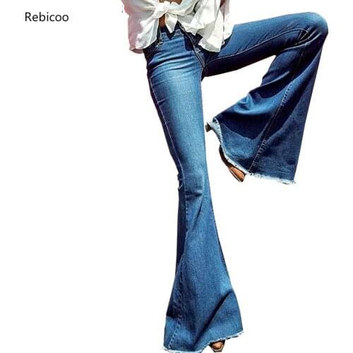 Rebicoo Women Flare Jeans Female Casual Slim Stretch Fashion Ladies Vintage Washed Skinny Long Denim Pants Spring Autumn