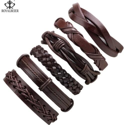 ROYALBEIER 2018 6pcs/lot Handmade Leather Punk Bracelets & Bangles Mens Male Rope Chain Pulseira Masculina Jewelry Charm SZ0662