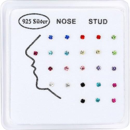 24pcs/set 925 Sterling silver Nose Ring & Studs Fashion Body Jewelry for Women Girl Nose Piercing Colorful Rhinestone party gift