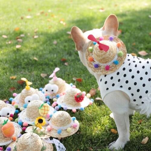 Pet hat cat dog dog color ball summer sun shade straw hat bamboo dragonfly sunflower hat