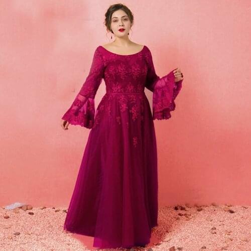 Evening Dress O-Neck Embridery Backless Ruched Full Sleeves Burgundy A-Line Floor-Length New Plus Size Women Formal Gowns D830