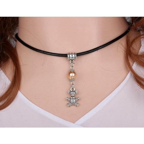 Vintage Silver Little Bear Necklace Glass Charms Collar Leather Choker Necklace Pendants Women Clothing Jewelry Accessories H82