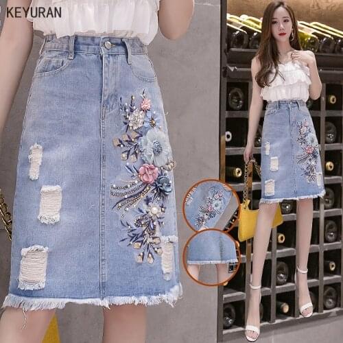 Plus Size Denim Skirt for Women High Waist 3D Flower Beading Appliques Embroidery Tassel Ripped Hole Jeans Skirt Streetwear 5XL