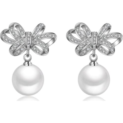 Super Flash Cubic Zirconia Butterfly Knot Stud Earring Women Ladies 925 sterling silver Pearl Earrings Female brincos for Gifts