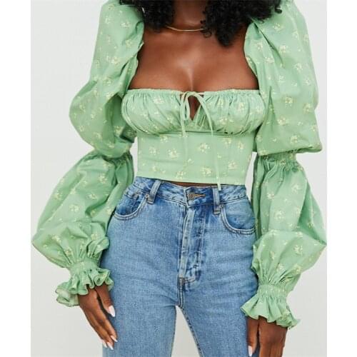 Women Square Collar Pullover Crop Tops Fashion Floral Printed Pattern Long Flared Sleeves T-shirt for Spring Autumn S/ M/ L