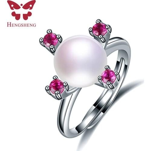 Square rose red zircon 10-11mm natural freshwater pearl ring for women gift, 925 sterling silver women adjustable jewelry ring