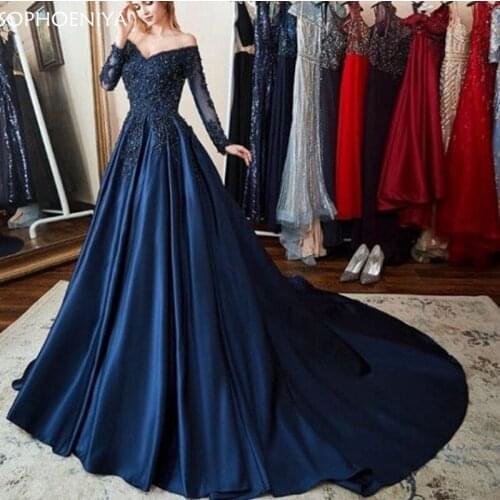 New Arrival V Neck Long sleeve evening dress A-Line Navy Blue Formal dress Party Robe de soiree abendkleider 2021