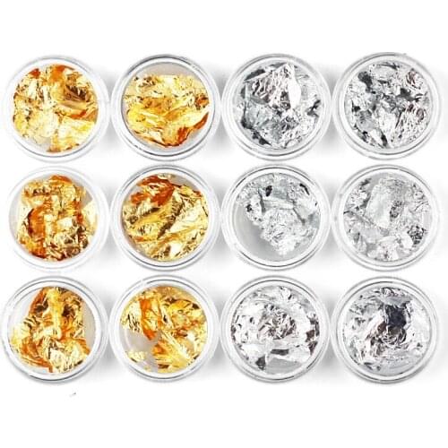 12Jar/Lot Gold Silver Glitter DIY Nail Foil Sticker Gel Adhesive Glue Image Transfer Paillette Flake Full Cover Decal Decor