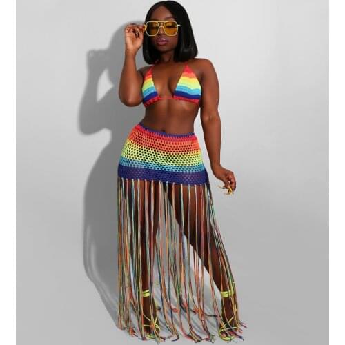 2021 Multi Patchwork Crochet Hollow Two Pieces Set Halter Long Skirt Tassel Summer Set Backless Casual Beach 2 Pieces Set Women