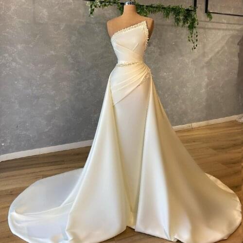 Strapless Satin Evening Dress with Pearls Ruched Overskirt Prom Gowns Sweep Train Formal Party Dress Customise