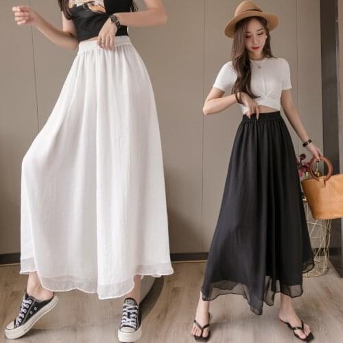 2021 Summer New Double Layer Chiffon Wide Leg Pants Women Elastic Waist Thin High Drop Skirt Pant Loose Women Trousers