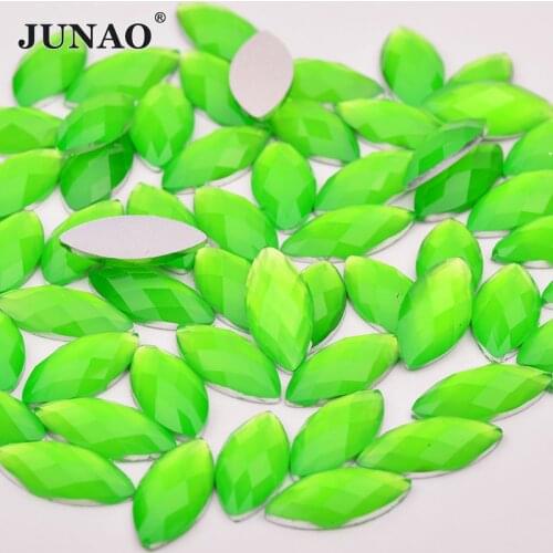 JUNAO 100pcs 7x15mm Neon Green Color Horse Eye Resin Rhinestones Stones And Crystals Flatback Strass Non Sewing Beads for Craft