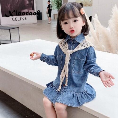 Toddler Baby Girls Denim Dress with Lace Shawl 2-9 Years Children Fall Clothes Kids Long Sleeve Jean Princess Dress Jackets