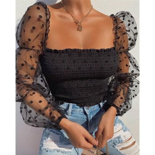 Summer 2020 Polka Dot Sheer Mesh Long Puff Sleeve Blouses Fashion Square Collar Crop Top Blouse