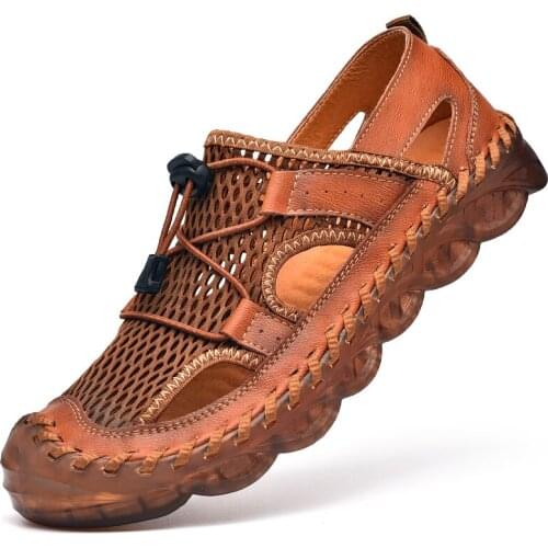 Upstream Aqua Shoes Men Breathable Air Mesh Beach Shoes Non Slip Water Climbing Shoes Cow Leather Casual Sneakers