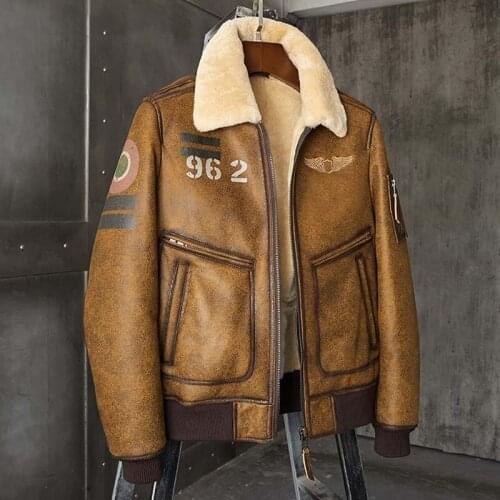 2020 New Shearling Coat Mens B6 Bomber Jacket Brown Leather Jacket Short Fur Coat Natural Sheepskin Coat Winter Warm Jacket
