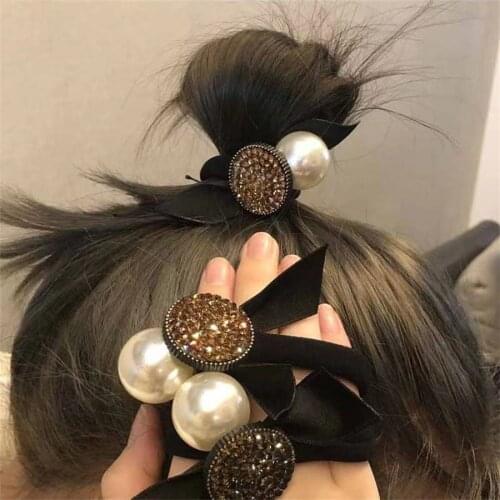 New Rhinestone Rubber Band Hair Rope Headdress Temperament Girl Hair Accessories Hair Circle Net Red Big Pearl INS Head Rope