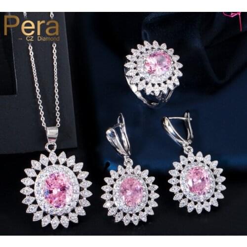 Pera Romantic Pink CZ Crystal 3Pcs Jewelry Set Big Sunflower Pendant Necklace Huggie Earrings Rings for Women Chic Jewelry J181