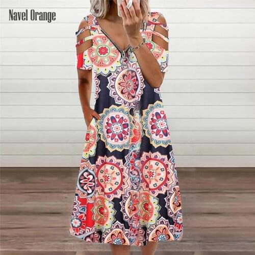 Vintage Women V-Neck Short Sleeve Long Party Dress Summer Casual Zipper Printing Ladies Dress Loose Elegant Female Dress Vestido